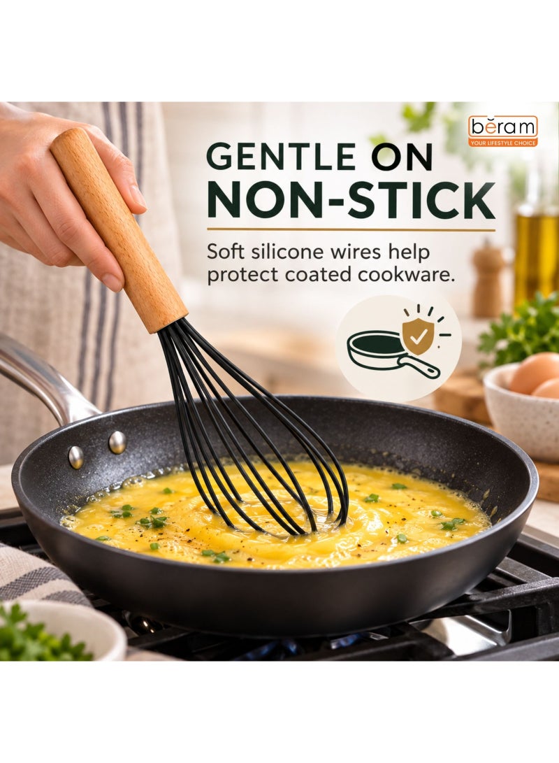 BERAM Silicone Whisk with Wooden Handle, Heat Resistant Egg Beater for Non-Stick Cookware, Baking and Mixing Tool - Image 3
