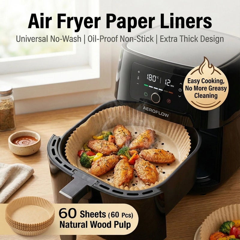 60 Count Disposable Air Fryer Paper Liners Non Stick Oil Proof Heat Resistant Baking Tool Silicone Oil Paper Pads Universal For Most Air Fryers Ovens And Microwaves - Image 2