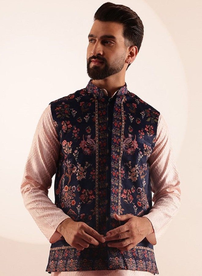 Sojanya Navy Blue Printed Nehru Jacket for Men - Image 1