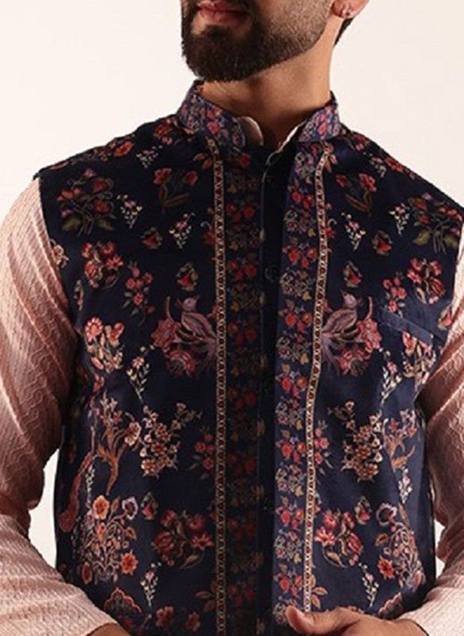 Sojanya Navy Blue Printed Nehru Jacket for Men - Image 2