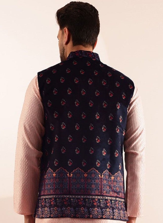 Sojanya Navy Blue Printed Nehru Jacket for Men - Image 4