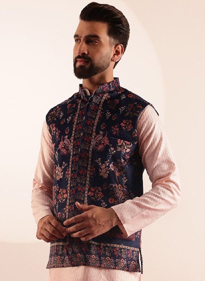 Sojanya Navy Blue Printed Nehru Jacket for Men - Image 3