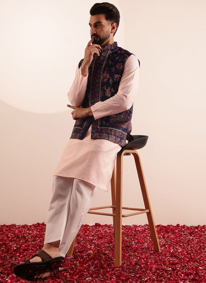 Sojanya Navy Blue Printed Nehru Jacket for Men - Image 5