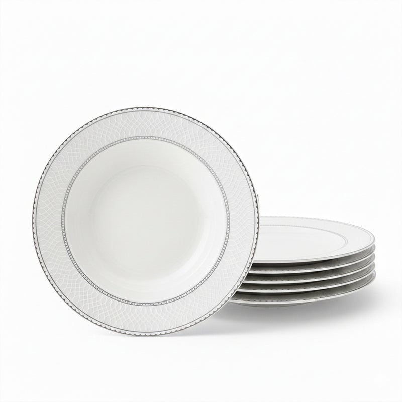 Shallow JUNA New Bone China Soup Plate 22 cm -  6 piece Set  Elegant White Deep Plate with Subtle Texture for Soups & Pasta, Premium Tableware for Daily Use, Brunch, Ramadan, Eid, Diwali & Gifting (Set of 6) - Image 1