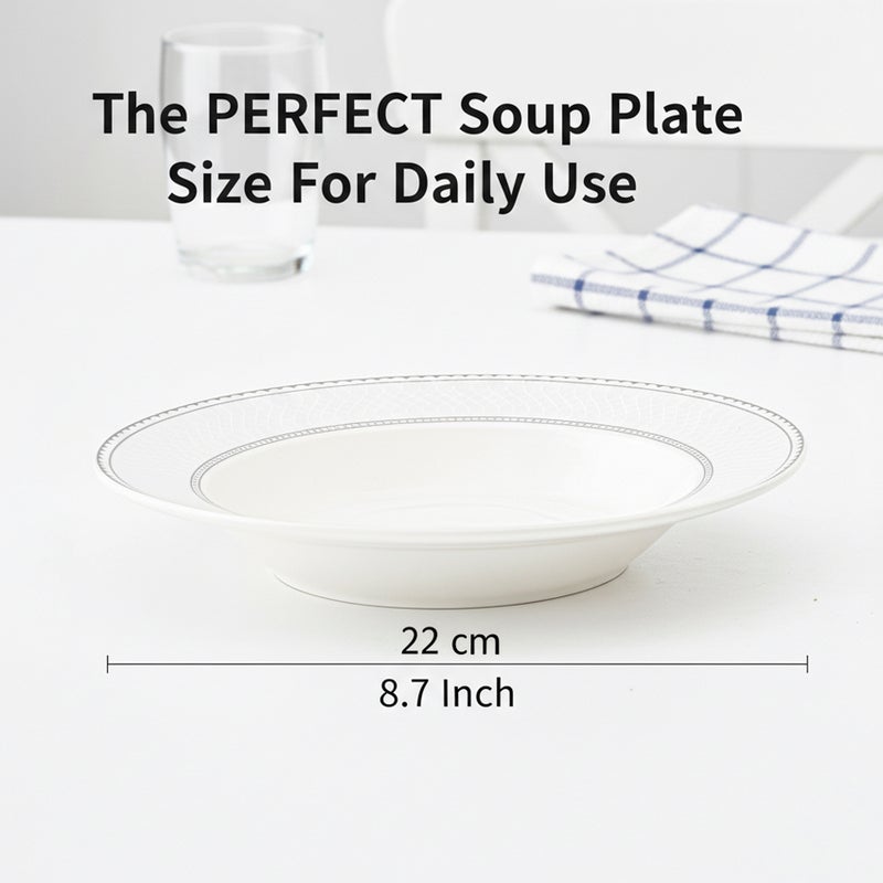 Shallow JUNA New Bone China Soup Plate 22 cm -  6 piece Set  Elegant White Deep Plate with Subtle Texture for Soups & Pasta, Premium Tableware for Daily Use, Brunch, Ramadan, Eid, Diwali & Gifting (Set of 6) - Image 4