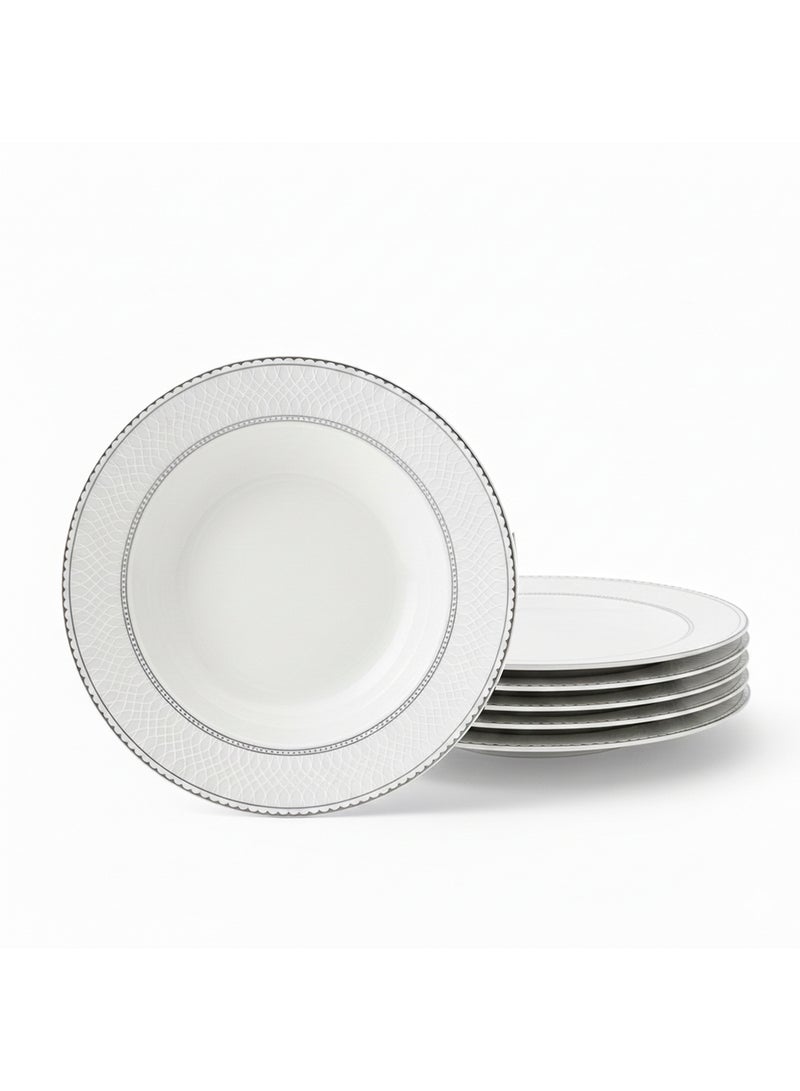 Shallow JUNA New Bone China Soup Plate 22 cm – Elegant White Deep Plate with Subtle Texture for Soups & Pasta, Premium Tableware for Daily Use, Brunch, Ramadan, Eid, Diwali & Gifting (Set of 6) - Image 1
