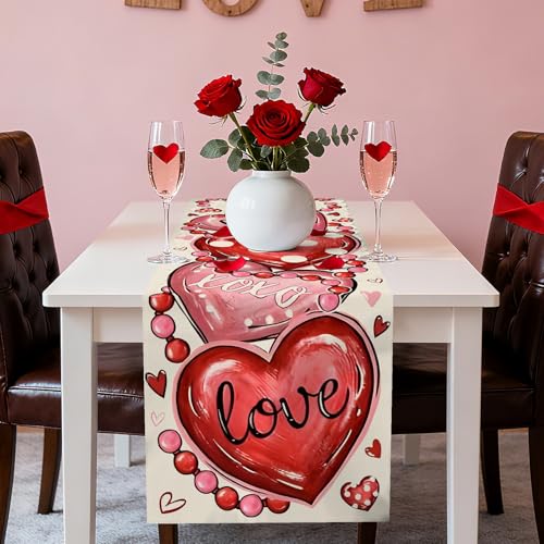 Kreyfer 72 x 13 Inch Valentines Day Table Runner – Red and Pink Hearts with Love and XOXO Lettering, Polka Dot Heart Pattern for Dining Room, Kitchen, and Romantic Celebrations - Image 3