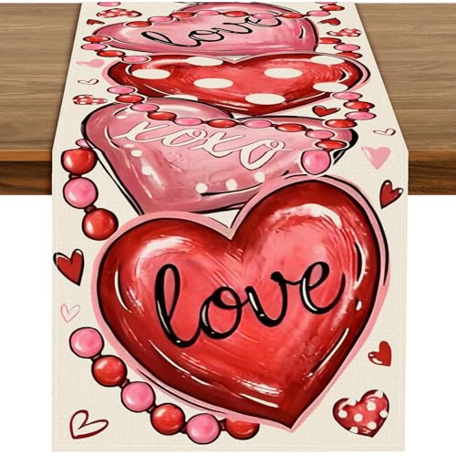 Kreyfer 72 x 13 Inch Valentines Day Table Runner – Red and Pink Hearts with Love and XOXO Lettering, Polka Dot Heart Pattern for Dining Room, Kitchen, and Romantic Celebrations - Image 1