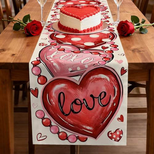 Kreyfer 72 x 13 Inch Valentines Day Table Runner – Red and Pink Hearts with Love and XOXO Lettering, Polka Dot Heart Pattern for Dining Room, Kitchen, and Romantic Celebrations - Image 5