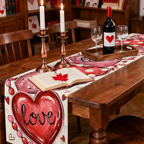 Kreyfer 72 x 13 Inch Valentines Day Table Runner – Red and Pink Hearts with Love and XOXO Lettering, Polka Dot Heart Pattern for Dining Room, Kitchen, and Romantic Celebrations - Image 4