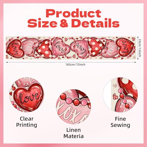 Kreyfer 72 x 13 Inch Valentines Day Table Runner – Red and Pink Hearts with Love and XOXO Lettering, Polka Dot Heart Pattern for Dining Room, Kitchen, and Romantic Celebrations - Image 2