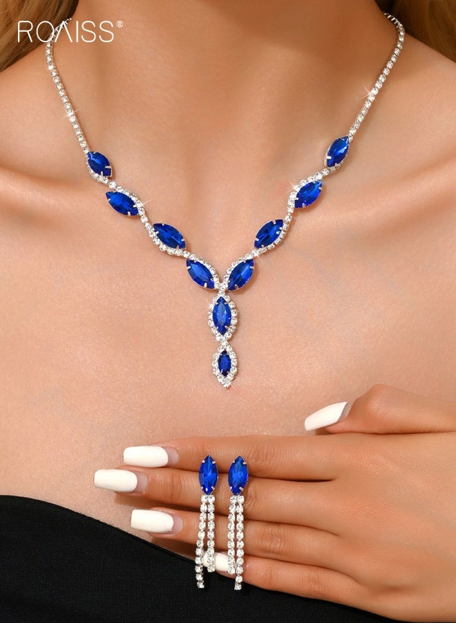 roaiss Women's Full Diamond Rhinestone Necklace and Earrings Two-Piece Set Banquet Dress Accessories Blue Crystal Formal Jewelry Gift for Her - Image 1