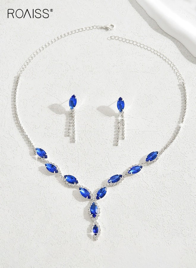 roaiss Women's Full Diamond Rhinestone Necklace and Earrings Two-Piece Set Banquet Dress Accessories Blue Crystal Formal Jewelry Gift for Her - Image 5