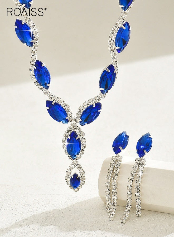 roaiss Women's Full Diamond Rhinestone Necklace and Earrings Two-Piece Set Banquet Dress Accessories Blue Crystal Formal Jewelry Gift for Her - Image 3