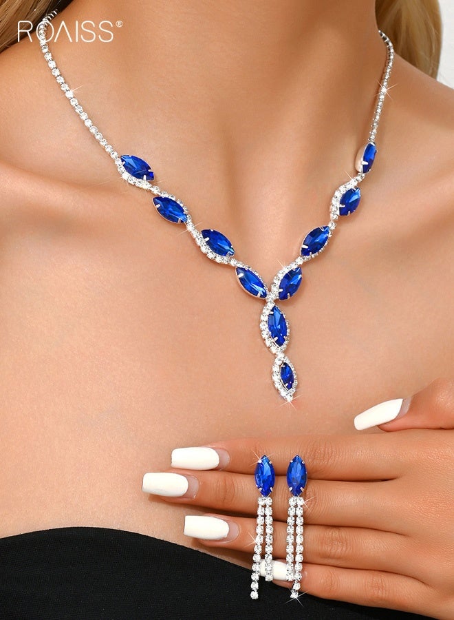 roaiss Women's Full Diamond Rhinestone Necklace and Earrings Two-Piece Set Banquet Dress Accessories Blue Crystal Formal Jewelry Gift for Her - Image 4