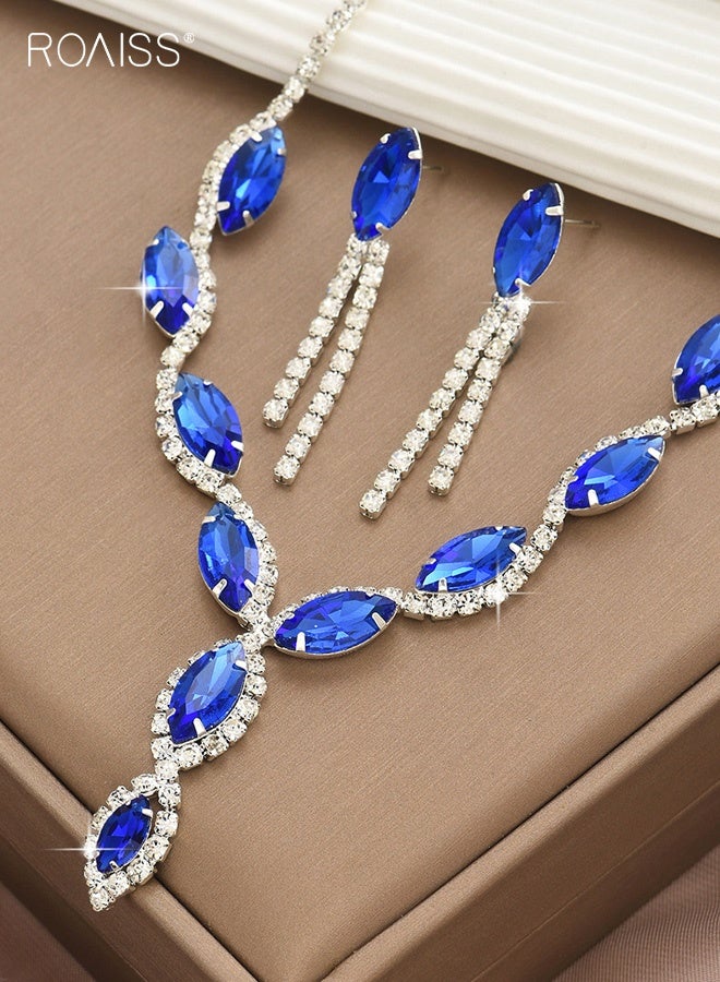 roaiss Women's Full Diamond Rhinestone Necklace and Earrings Two-Piece Set Banquet Dress Accessories Blue Crystal Formal Jewelry Gift for Her - Image 2