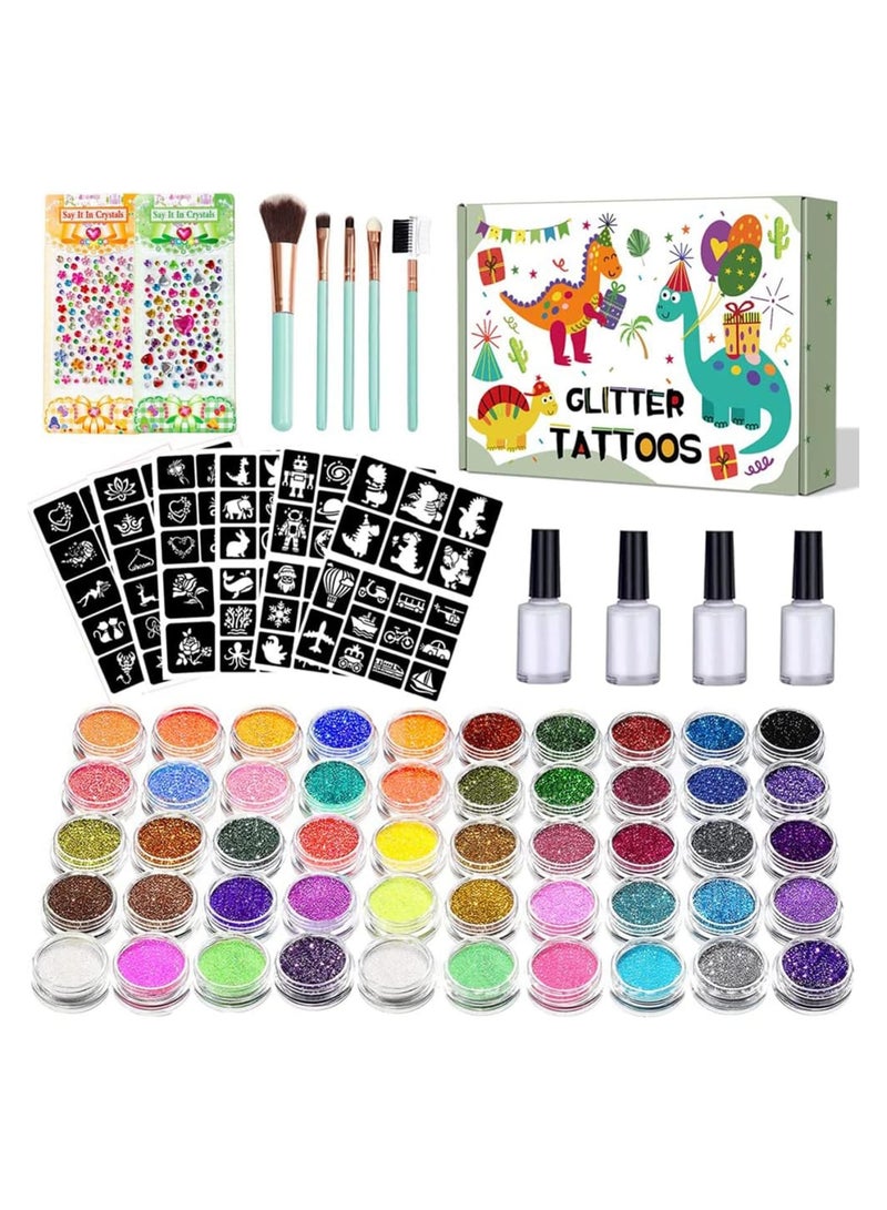 Glitter Temporary Tattoo Kit for Kids 50 Body Glitter Powder Waterproof Body Flash Tattoos Set Body Nail Art, Body Glitter Festival Party for Kids and Adults - Image 1