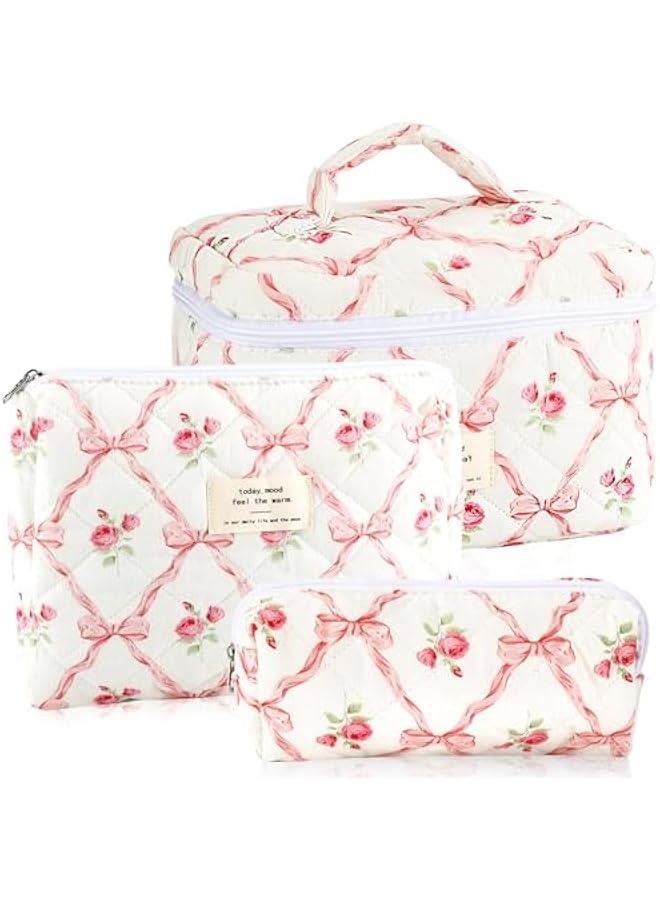 3Pcs Cotton Quilted Makeup Bag for Women Girls Large Small Travel Floral Cosmetic Bags Set Cute Coquette Pink Makeup Pouch for Purse Aesthetic Cloth Flower Storage Toiletry Bag Organizer - Image 1