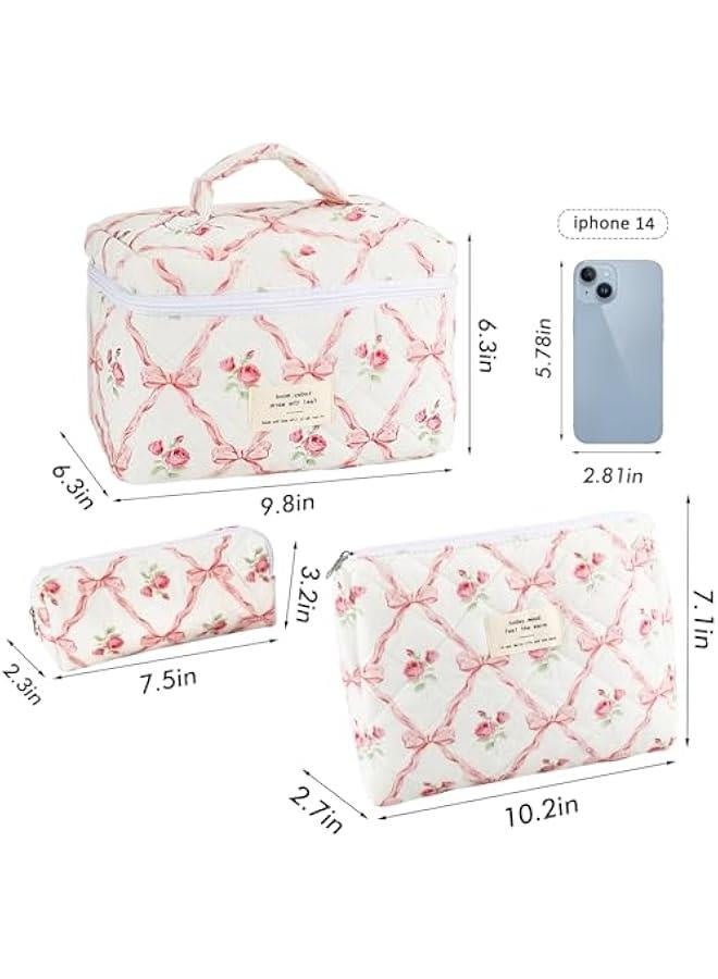 3Pcs Cotton Quilted Makeup Bag for Women Girls Large Small Travel Floral Cosmetic Bags Set Cute Coquette Pink Makeup Pouch for Purse Aesthetic Cloth Flower Storage Toiletry Bag Organizer - Image 4