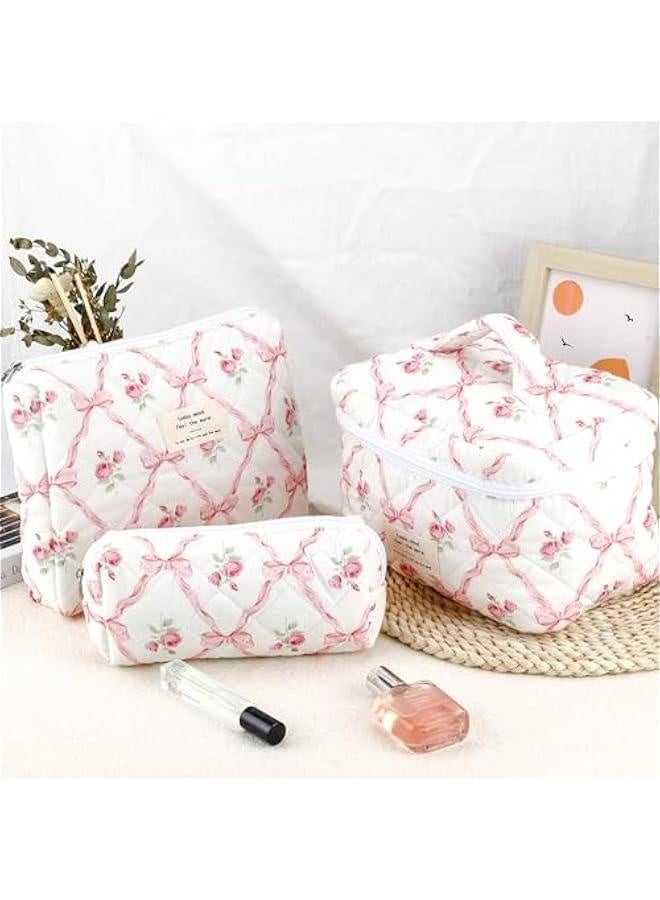 3Pcs Cotton Quilted Makeup Bag for Women Girls Large Small Travel Floral Cosmetic Bags Set Cute Coquette Pink Makeup Pouch for Purse Aesthetic Cloth Flower Storage Toiletry Bag Organizer - Image 3
