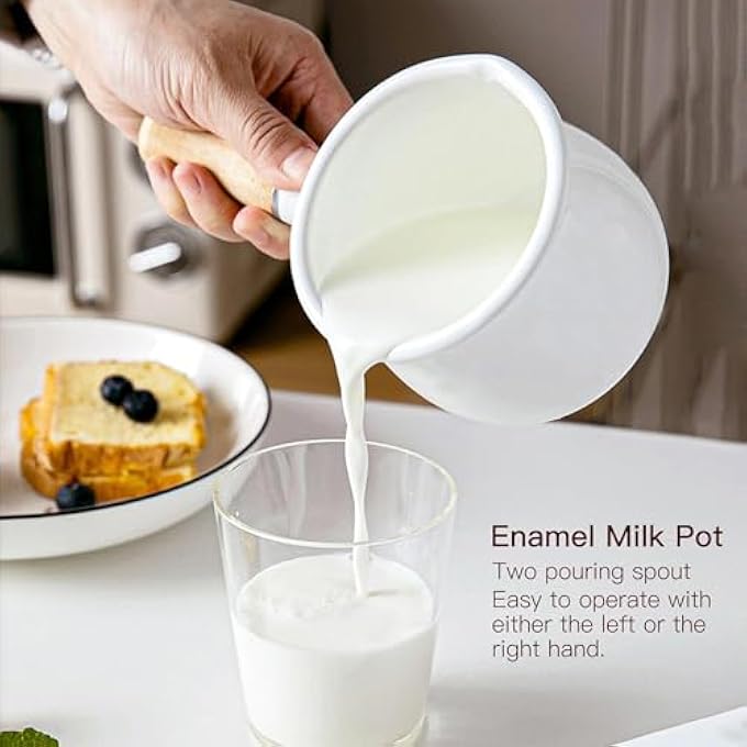 KASTWAVE Enamel Milk Pot Small Butter Warmer With Nonstick Coating Insulated Wooden Handle Dual Pour Spouts For Easy Pouring Compact Milk Pot For Stove Top Cooking Boiling Heating - Image 4