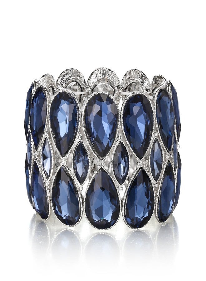 BriLove Wedding Bridal Stunning Crystal Double Row Water Drop Marquise Cluster Stretch Bangle Bracelet for Women Bride Sapphire Color Silver-Tone - Image 1