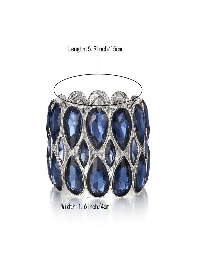BriLove Wedding Bridal Stunning Crystal Double Row Water Drop Marquise Cluster Stretch Bangle Bracelet for Women Bride Sapphire Color Silver-Tone - Image 4