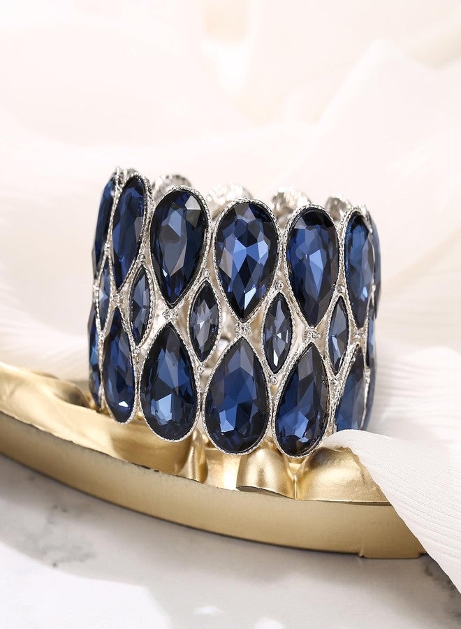 BriLove Wedding Bridal Stunning Crystal Double Row Water Drop Marquise Cluster Stretch Bangle Bracelet for Women Bride Sapphire Color Silver-Tone - Image 3