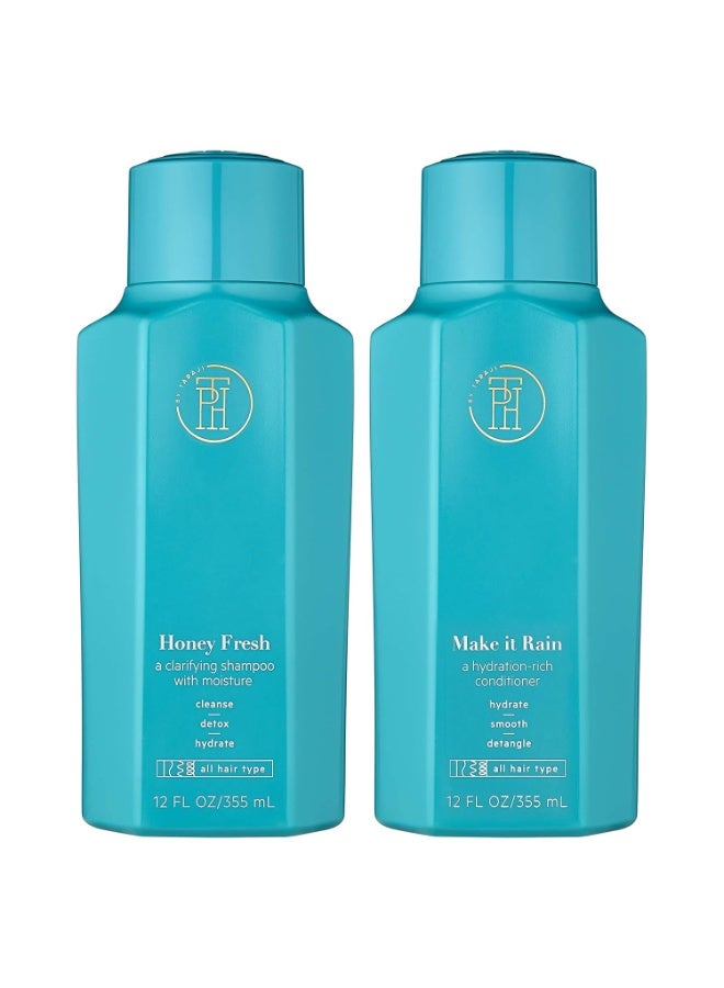 TPH BY TARAJI Cleanse Bundle | Make it Rain Hydrating Conditioner with Aloe & Honey and Honey Fresh Clarifying Shampoo for Buildup with Aloe, Honey | Sulfate Free, Color Safe, White
