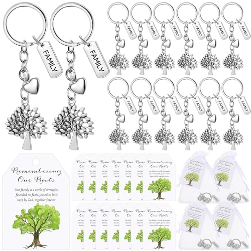 Ecation 36 Sets Family Party Favors for Guests Tree Keychains Heart Tree Keychains with Cards Organza Bags Family Reunion Gift - Image 1