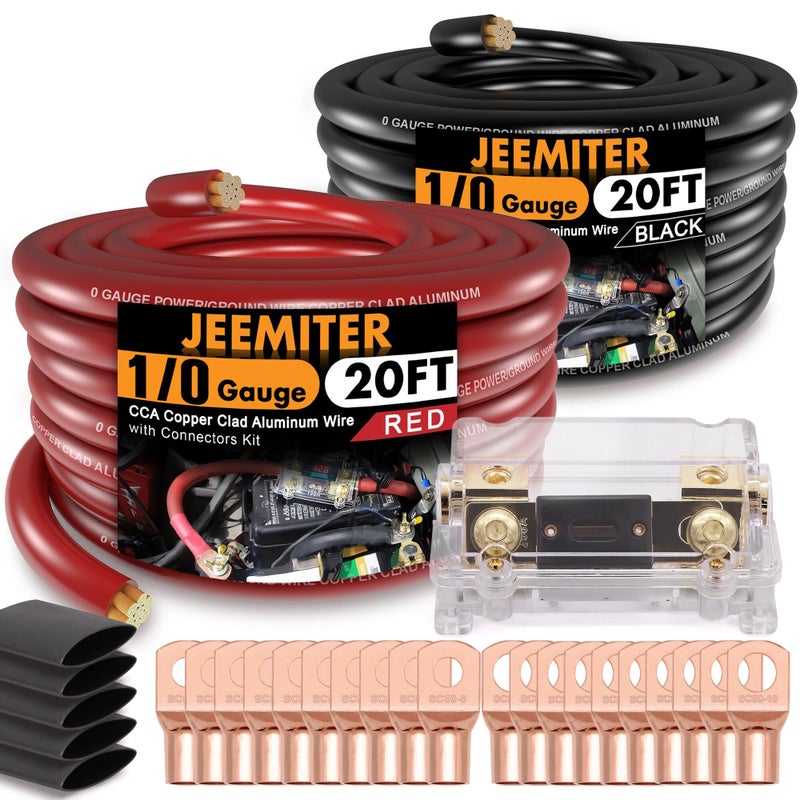Jeemiter 1/0 Gauge CCA Wire Kit with ANL Fuse - 40ft Total (20ft Red+Black) Car Amplifier Power Ground Cable, Complete Amp Install & Big 3 Upgrade Kit - Image 1