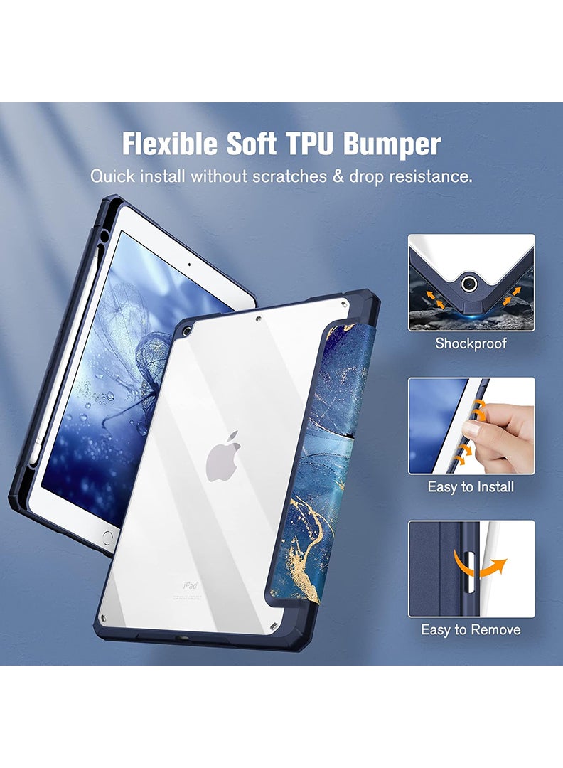 Theodor Protective Slim Case for iPad 9th / 8th / 7th Generation (2021/ 2020/ 2019) 10.2 Inch - [Built-in Pencil Holder] Shockproof Cover with Clear Transparent Back Shell, Ocean Marble Pattern - Image 5