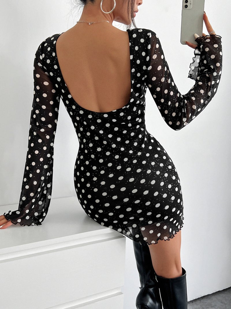Elegant Women's Polka Dot Mesh Backless Long Sleeve Dress - Image 1
