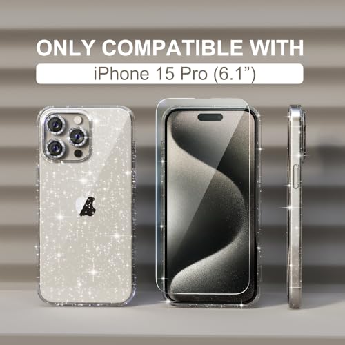 Choiche Compatible for iPhone 15 Pro Case Women Phone Case, Cute Bling Sparkly, Military Grade Drop Protection, 3 Diamond Camera Lens Covers, 2 Tempered Glass Protectors, 6.1 inch (Glitter Clear) - Image 2