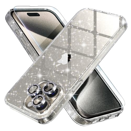 Choiche Compatible for iPhone 15 Pro Case Women Phone Case, Cute Bling Sparkly, Military Grade Drop Protection, 3 Diamond Camera Lens Covers, 2 Tempered Glass Protectors, 6.1 inch (Glitter Clear) - Image 1
