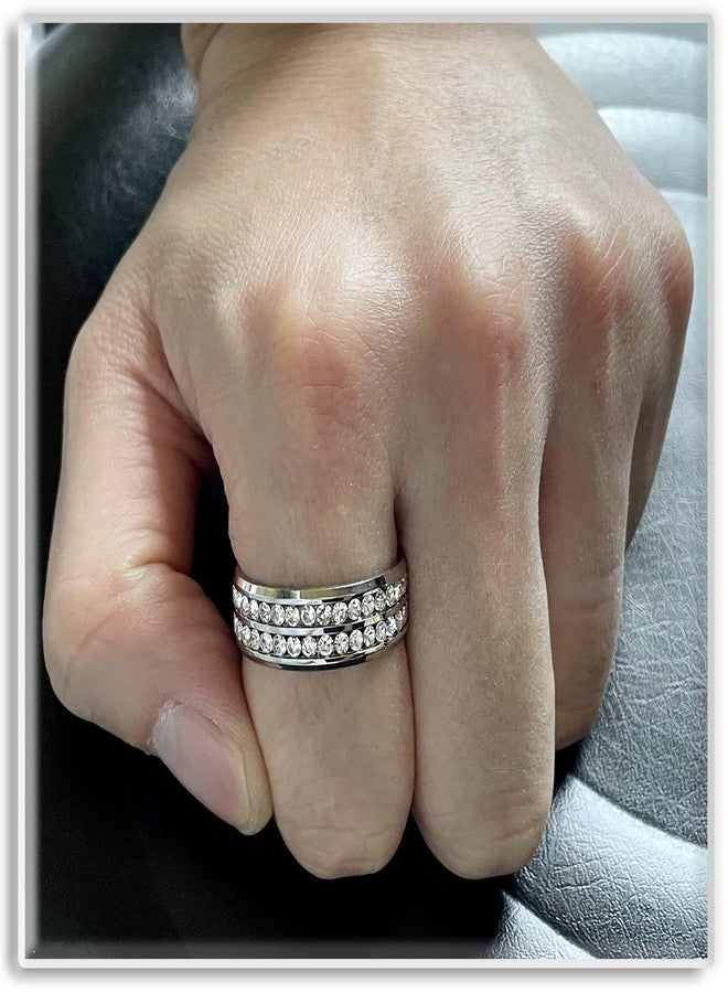 Xusamss Fashion Stainless Steel Double Iced Out Crystal Band Ring(White(9)) - Image 2