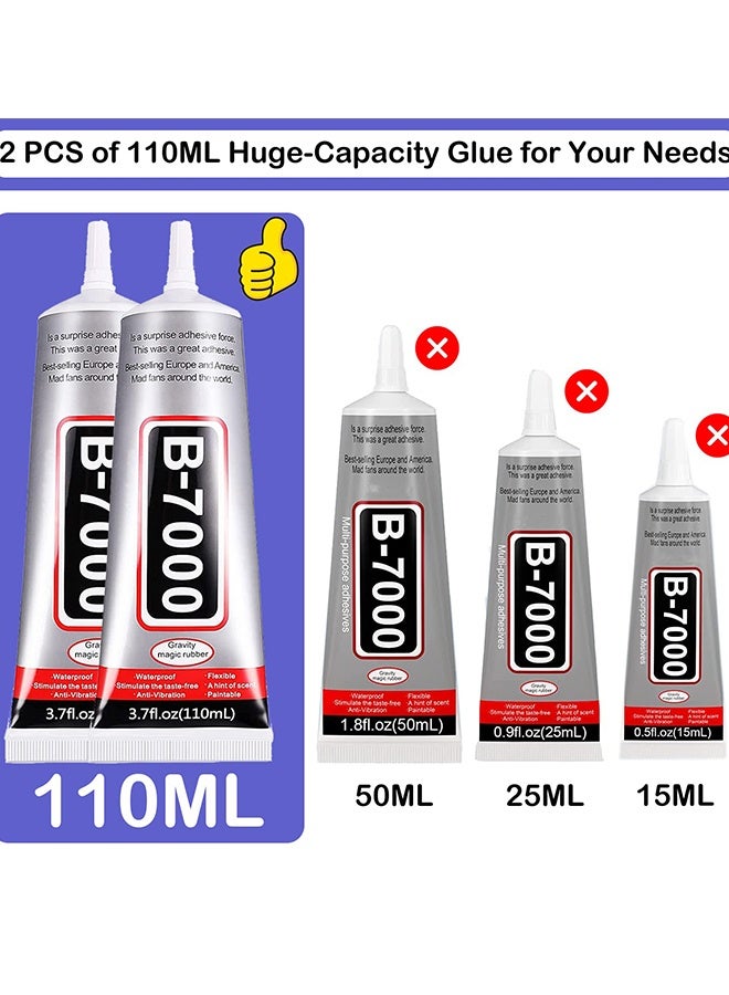 2 قطعة 110 مل طراز B7000 غراء متعدد الوظائف قوي الالتصاق مقاوم للماء شفاف سريع الجفاف للصق المجوهرات ودبابيس الشعر والجلد وحافظات الهواتف الأكريليكية والأظافر والحرف اليدوية الماسية ومستلزمات الحفلات - Image 2