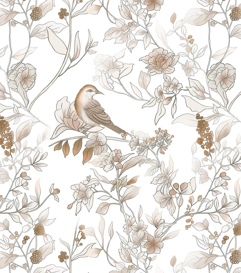 Hopepak 173x394 Floral Bird Peel and Stick Wallpaper for Bedroom Self Adhesive Removable Wall Paper Brown Contact Paper for Living Room Bathroom - Image 2