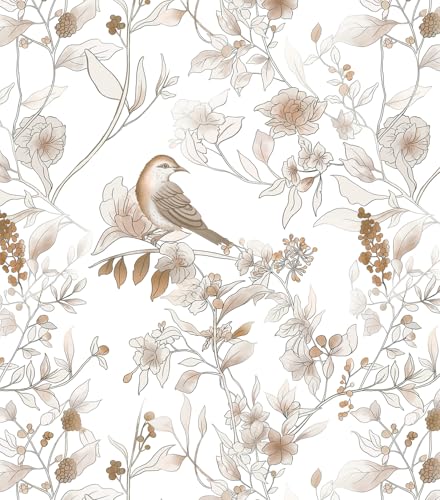 Hopepak 173x394 Floral Bird Peel and Stick Wallpaper for Bedroom Self Adhesive Removable Wall Paper Brown Contact Paper for Living Room Bathroom - Image 1
