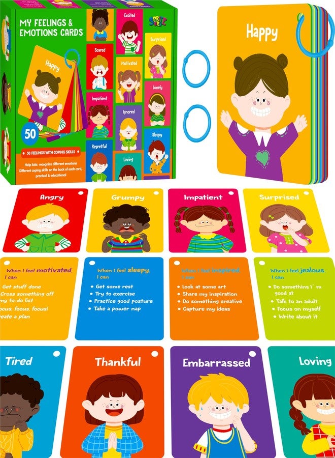 SpriteGru Emotions Flashcards, 50 Different Feelings with Coping Skills-Learn to Identify Various Moods, Cartoon Faces Emotions for Kids with Autism, ADHD -Emotion Flipbook for Therapy, Home Use - Image 1
