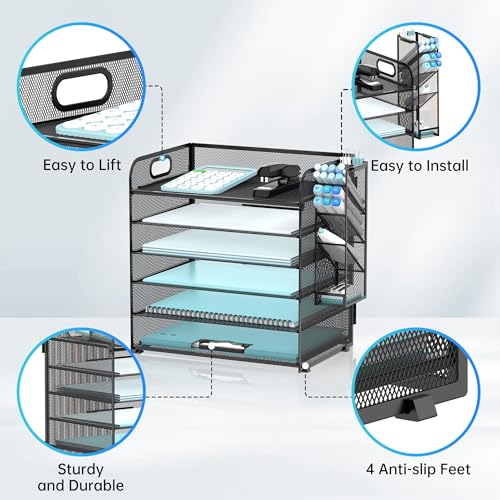SUPEASY 6 Tier Desk Organizer with 4 Pen Holders, Mesh Paper Organizer Letter Tray with Handle, Desk Organizer Tray File Organizer for A4 File Folder, Black - Image 3