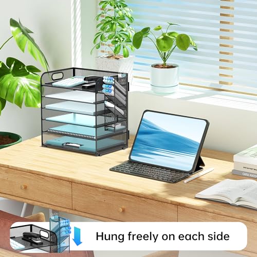 SUPEASY 6 Tier Desk Organizer with 4 Pen Holders, Mesh Paper Organizer Letter Tray with Handle, Desk Organizer Tray File Organizer for A4 File Folder, Black - Image 4