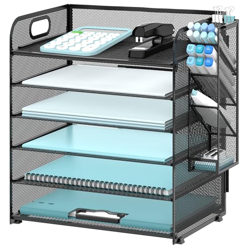 SUPEASY 6 Tier Desk Organizer with 4 Pen Holders, Mesh Paper Organizer Letter Tray with Handle, Desk Organizer Tray File Organizer for A4 File Folder, Black - Image 1