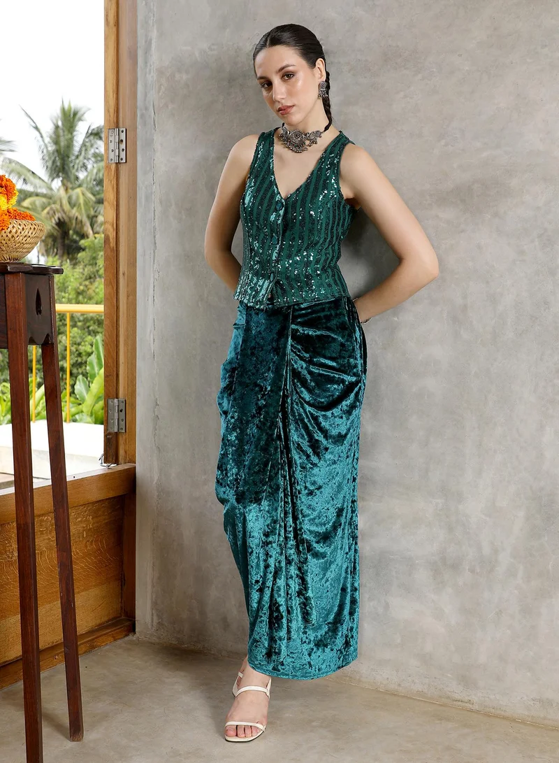 QISSA Women's Velvet-Gleam Co-Ord Set For Ethnic Wear | V-Neck, Sleeveless | Solid Sequined Woven Fabric | 2 Piece Co-Ords Designed For Evening & Party Wear | Emerald Green