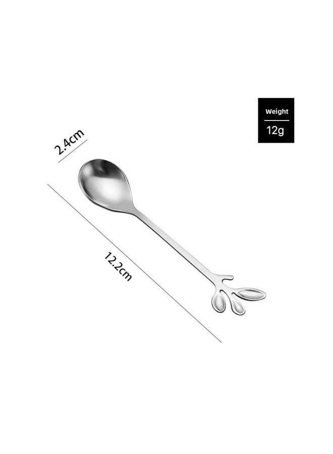 Stainless Steel Short Handle Leaf Spoon Fork Golden Fruit Fork Dessert Spoon Creative Home Coffee Spoon Cute Cake Fork-Color:Silver Leaf Spoon - Image 1
