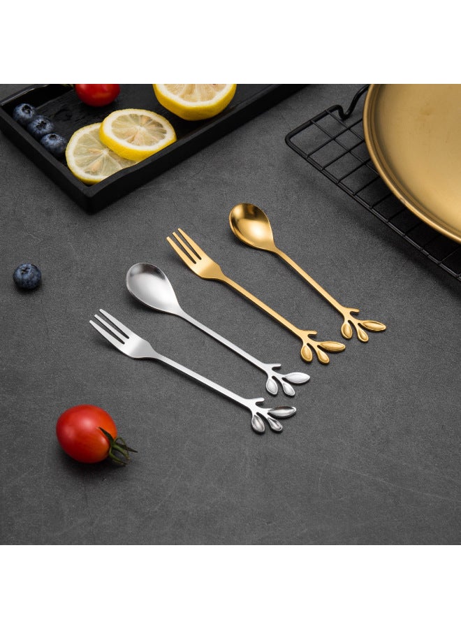 Stainless Steel Short Handle Leaf Spoon Fork Golden Fruit Fork Dessert Spoon Creative Home Coffee Spoon Cute Cake Fork-Color:Silver Leaf Spoon - Image 5