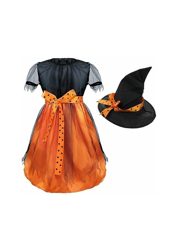 Brain Giggles Brain Giggles Witch Costume Set Witch Robe and Hat Vintage Outfit Costume for Kids Girl Cosplay Event Party - Medium Orange  - Image 2