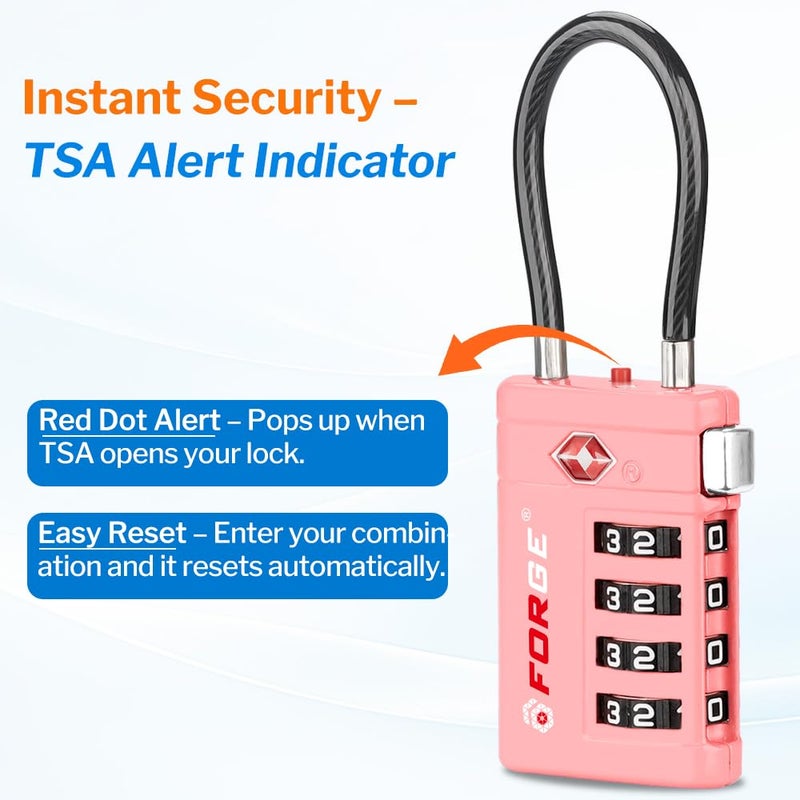 أقفال أمتعة Forge معتمدة من TSA – أقفال سفر TSA برمز مكوّن من 4 أرقام مع TSA008، ومؤشر تنبيه عند الفتح، وهيكل من سبيكة الزنك للأمتعة وحقيبة السفر وحقيبة الظهر وغير ذلك، أسود 2 PK، أقفال كابل - Image 2