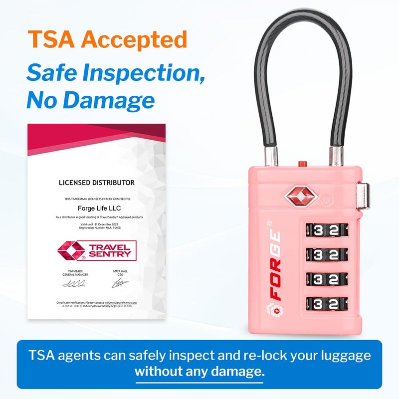 أقفال أمتعة Forge معتمدة من TSA – أقفال سفر TSA برمز مكوّن من 4 أرقام مع TSA008، ومؤشر تنبيه عند الفتح، وهيكل من سبيكة الزنك للأمتعة وحقيبة السفر وحقيبة الظهر وغير ذلك، أسود 2 PK، أقفال كابل - Image 4