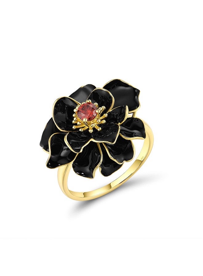 Santuzza Lotus Ring 925 Sterling Silver Garnet Handmade Enamel Black Flower Ring For Women (10) - Image 1